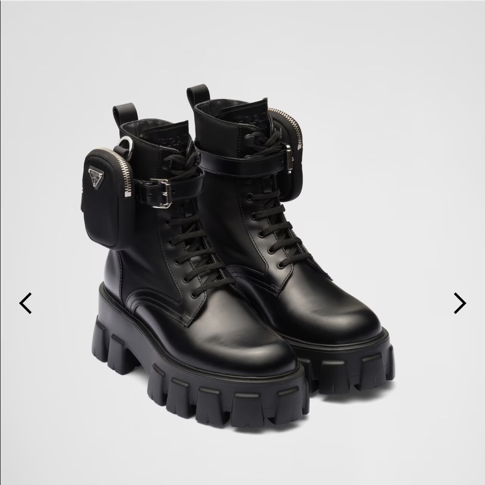 Prada Monolith leather and Re-Nylon boots with pouches!